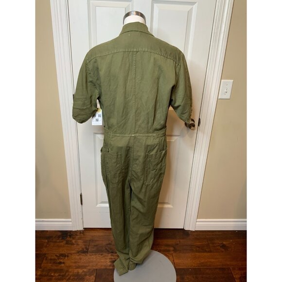 A.L.C. Green Denim Cotton Linen Blend Collared Short Sleeve Jumpsuit Size 12 - Picture 6 of 7